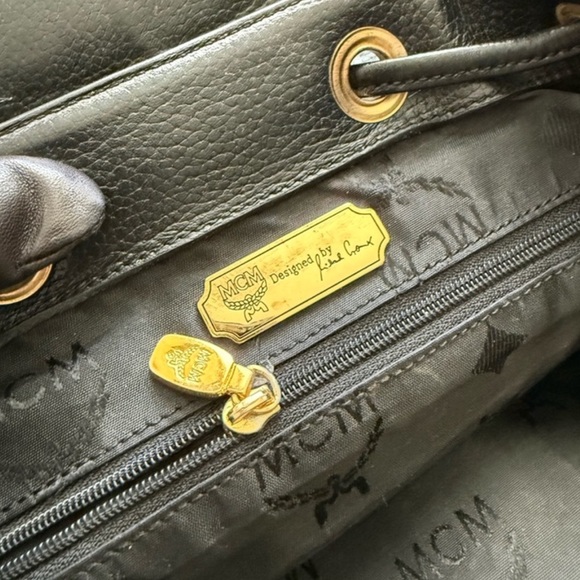 MCM Leather Drawstring Backpack Gold Brass HDWRE Pocket Adjustable Strap - Picture 9 of 9